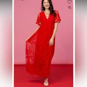 Pinkblush Red Lace Mesh Overlay Maxi Dress